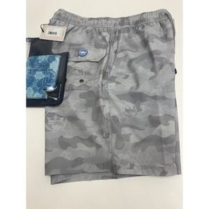 NWT Peter Millar Seaside Gray Camo & Logo Print Swim Trunks W/Koozie SMALL‎ $100